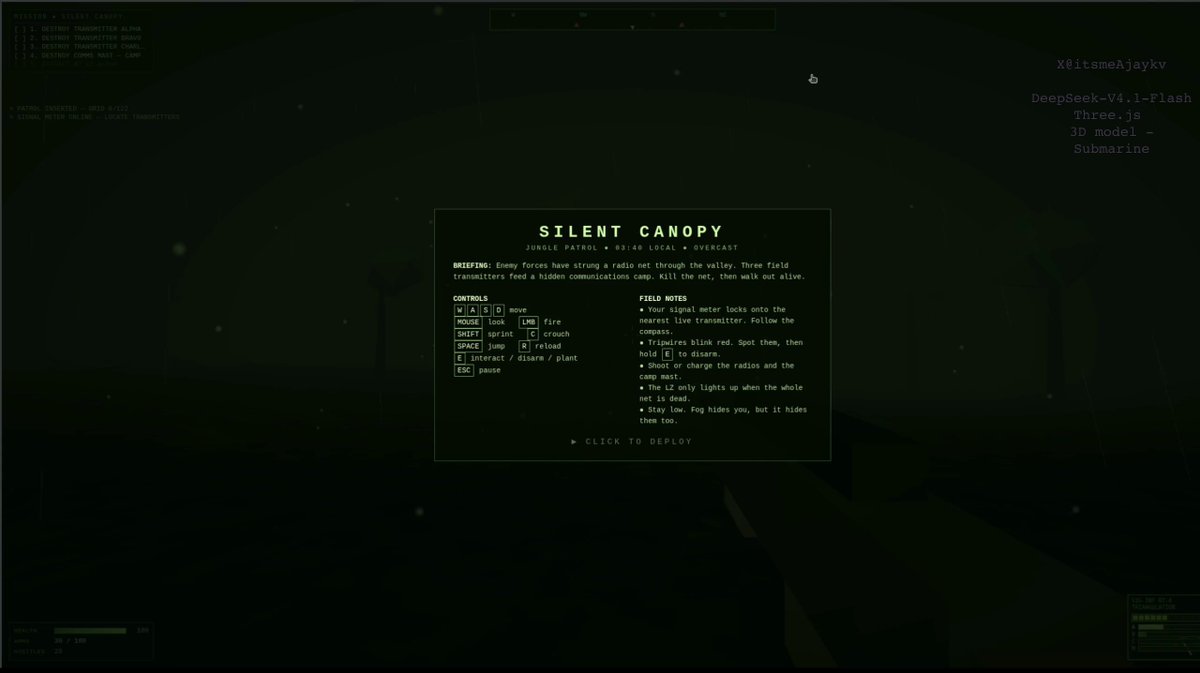 Retro open-world FPS with night fog and limited visibility, one-shot with DeepSeek-V4.1-flash and Three.js