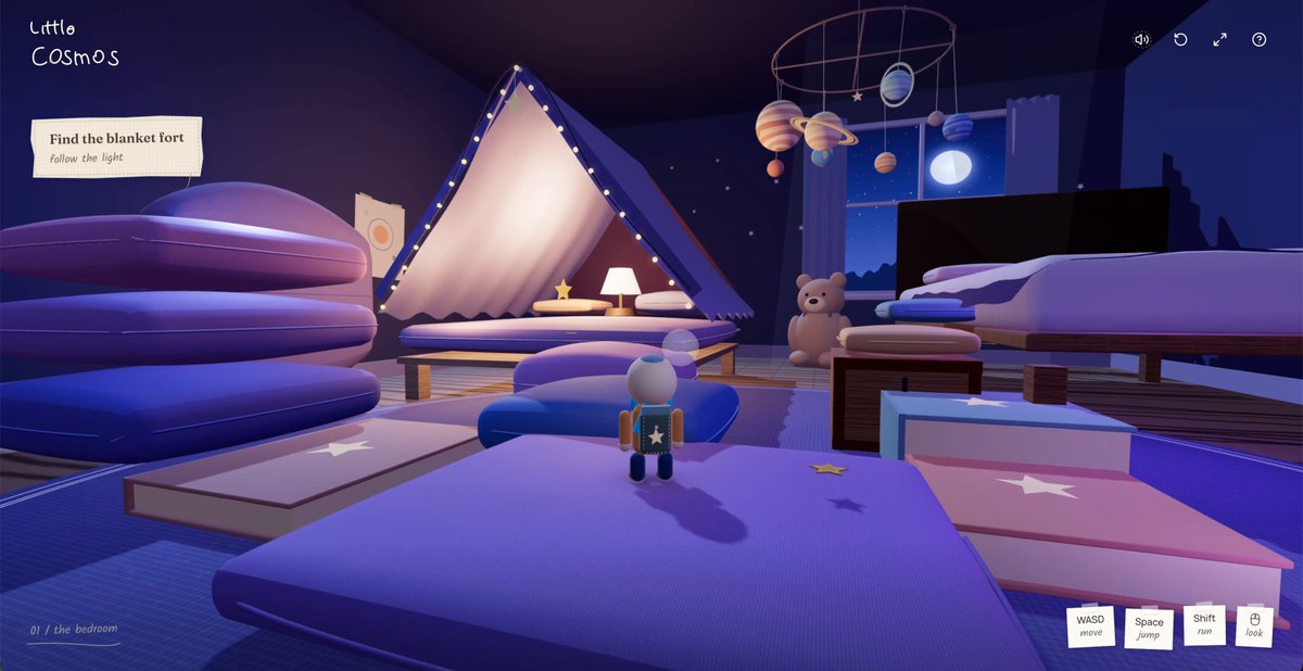 Interactive cozy 3D childhood bedroom scene explorable in browser via Replit