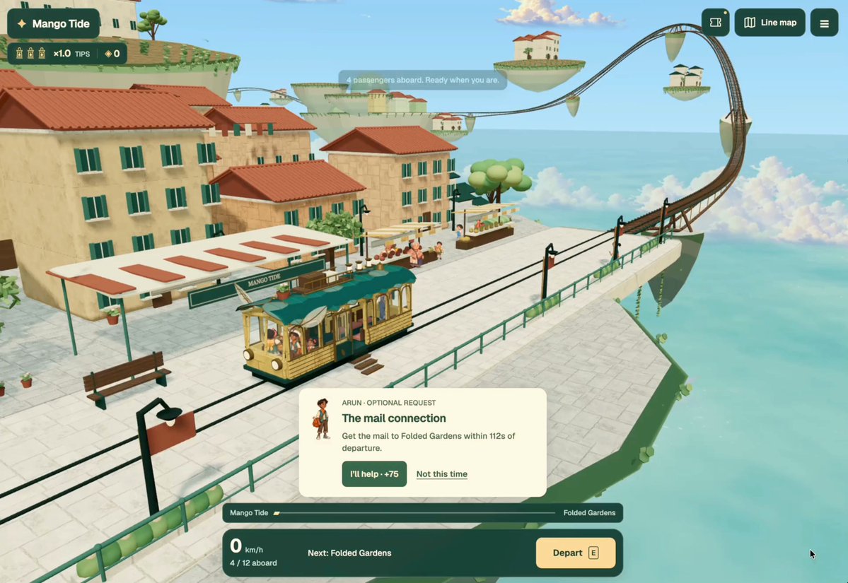 Ghibli-themed fairy tram train simulator through cloud towns built with GPT-6 Astra, Crayon UI, and three.js