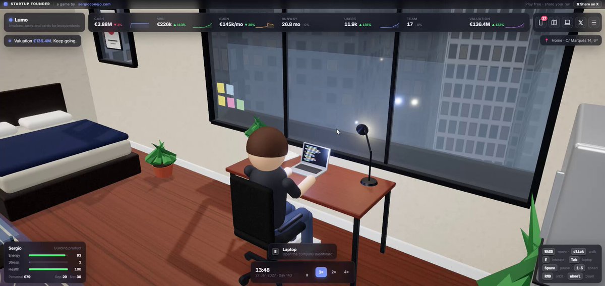 3D simulator of running a startup from a Madrid apartment