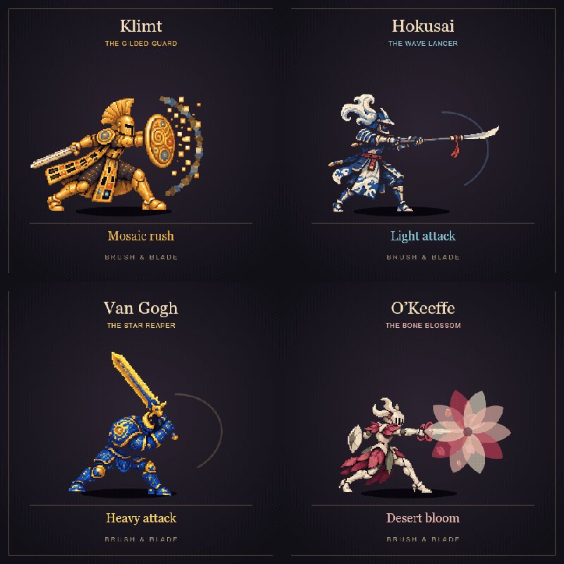 Pixel art knights with special attacks in Klimt/Rothko/O'Keeffe styles, one-shot game from Astra